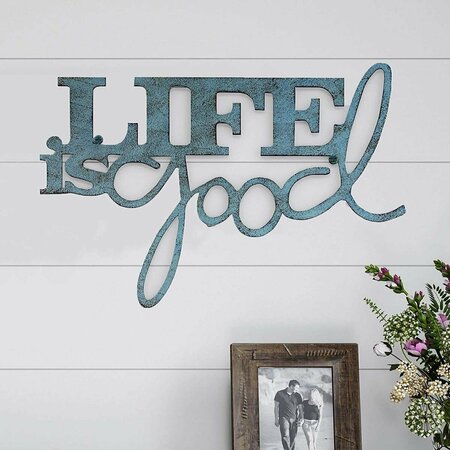 DAPHNES DINNETTE Metal Cutout Life Is Good Wall Sign, Teal Blue, Length 18.2 in. x Width 0.1 in. x Height 14.6 in. DA3857378